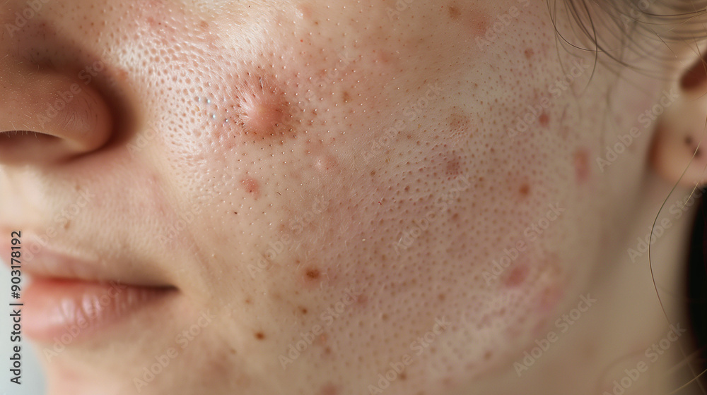 Close-up shot of a woman's facial skin, showing acne scars on her cheek. The skin shows signs of irritation, with visible pimples and spots. Close-up shot of a woman's facial skin, showing acne scars on her cheek. The skin shows signs of irritation, with visible pimples and spots.