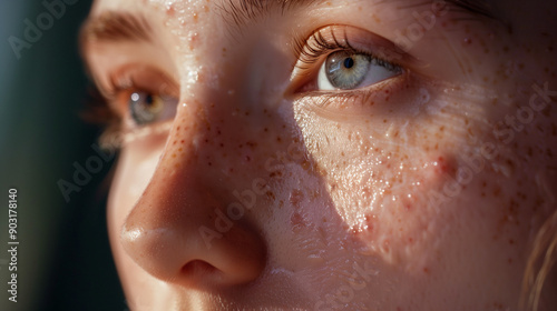 Close-up shot of a woman's facial skin, showing acne scars on her cheek. The skin shows signs of irritation, with visible pimples and spots.