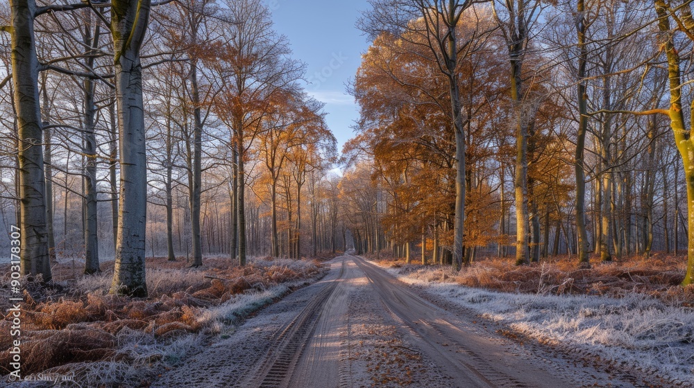 Scenic road through oak and birch forest in autumn Scenic road through oak and birch forest in autumn