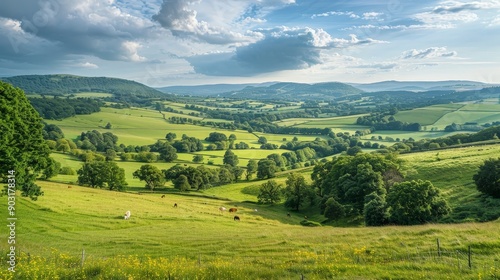 Picturesque countryside with rolling hills and grazing animals, springtime