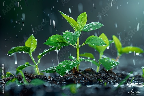 This professional photograph captures a small fern being showered by rain, with droplets collecting on each frond. A misty background enhances the lush green of the plant, creating a serene atmosphere