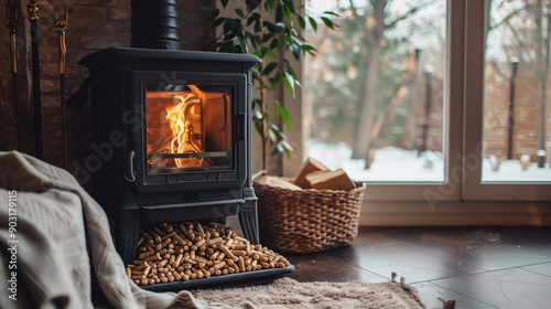 The room is equipped with a pellet stove for heating.
