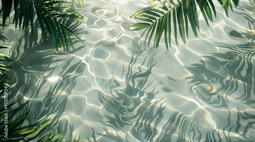 Transparent shadows with a top view. Effects of palm leaves, water waves and sun reflections on a transparent background. 