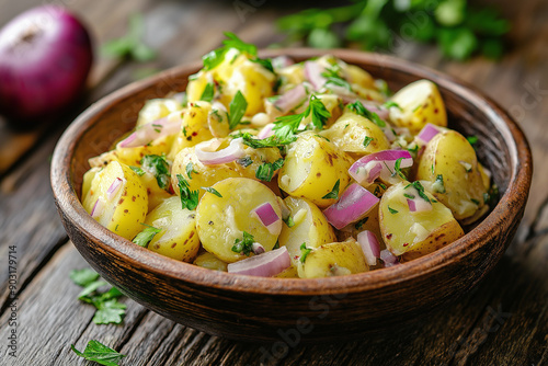 Photo of potatoes and red onion salad in a wooden bowl in natural light, with high resolution photography
 photo