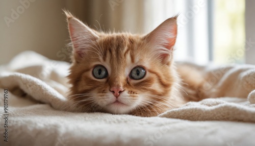 A ginger kitten's curious gaze from a soft white bed