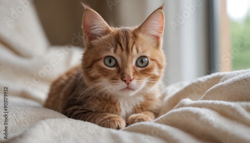 A soft, fluffy kitten peeking out from under a blanket near a window