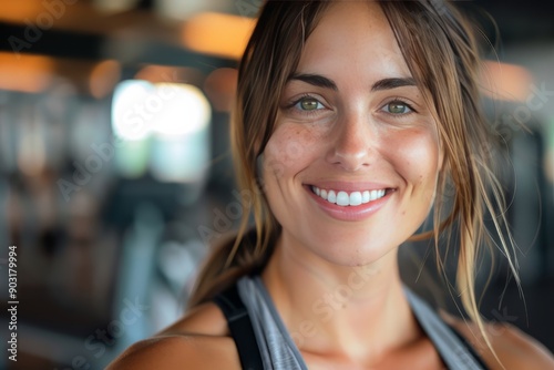 Free Download A fit muscular female personal trainer smiling at the camera in a gym, close up - GFXLoad
