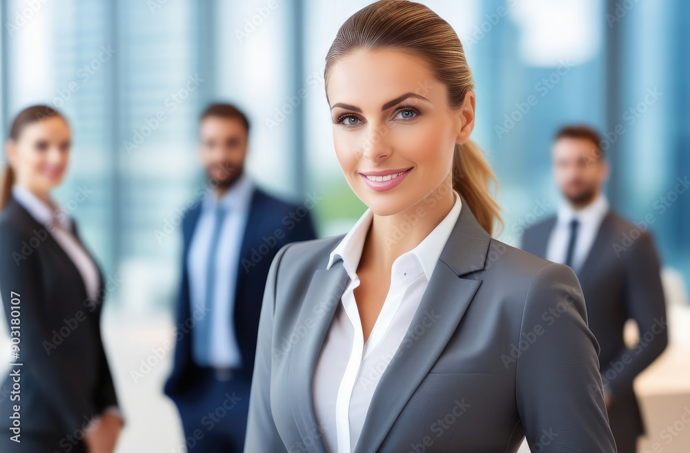 Young attractive successful girl with colleagues outdoors near office, business concept Young attractive successful girl with colleagues outdoors near office, business concept