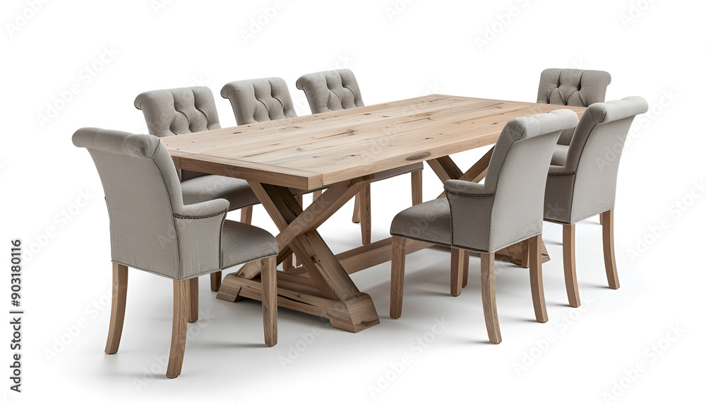 Fototapeta premium Elegant Wooden Dining Table with Matching Chairs Isolated on white background