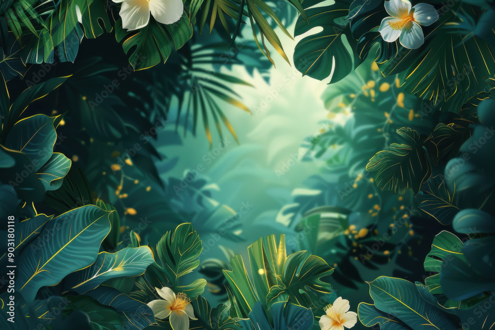 Tropical flowers and leaves in a jungle. Vibrant green colors with gold gradient holographic colors. Tropical flowers and leaves in a jungle. Vibrant green colors with gold gradient holographic colors.