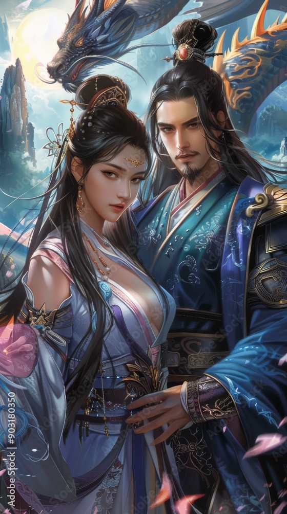 Elegant Couple in Traditional Asian Attire with Majestic Dragon in Fantasy Setting Elegant Couple in Traditional Asian Attire with Majestic Dragon in Fantasy Setting
