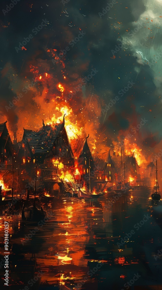 Dramatic scene of a town burning by the dockside. Dramatic scene of a town burning by the dockside.