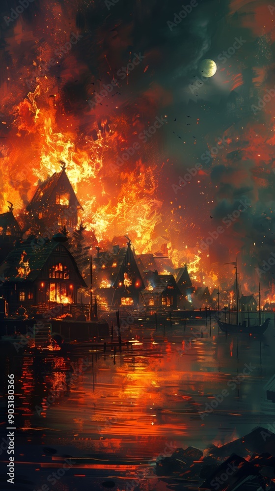 Dramatic scene of a town burning by the dockside. Dramatic scene of a town burning by the dockside.