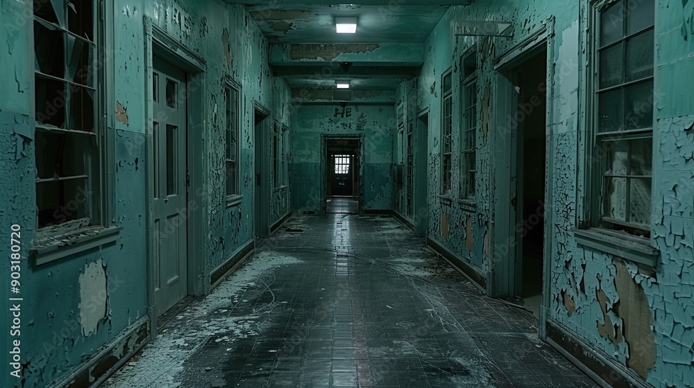 Fototapeta premium A long hallway with a door in the middle