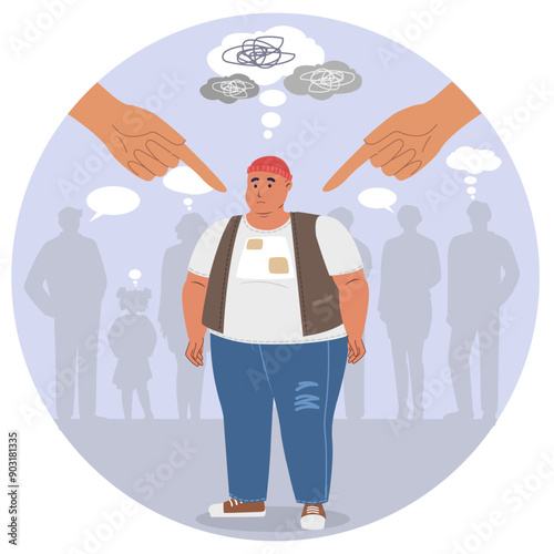 Overweight man in stress feeling social pressure, bullying and society blaming flat vector illustration. Obese body shame and discrimination concept