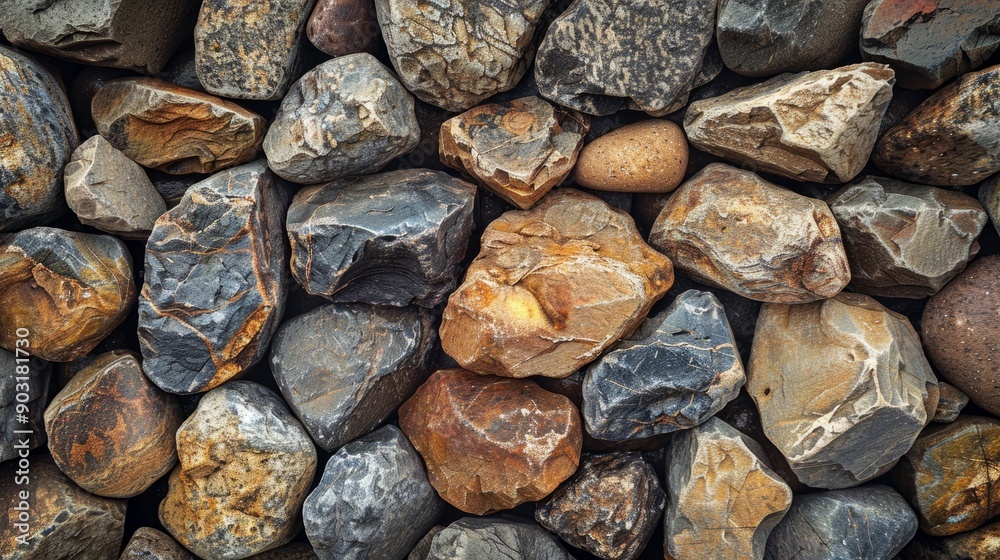 Varied textures of natural rocks and stones collected from riverbed at sunset Varied textures of natural rocks and stones collected from riverbed at sunset