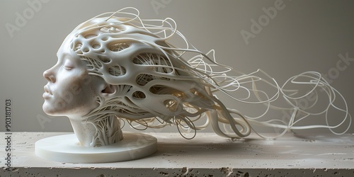 Futuristic Sculpture Of An Abstract Head With Flowing Strands And Intricate Mesh Design. photo