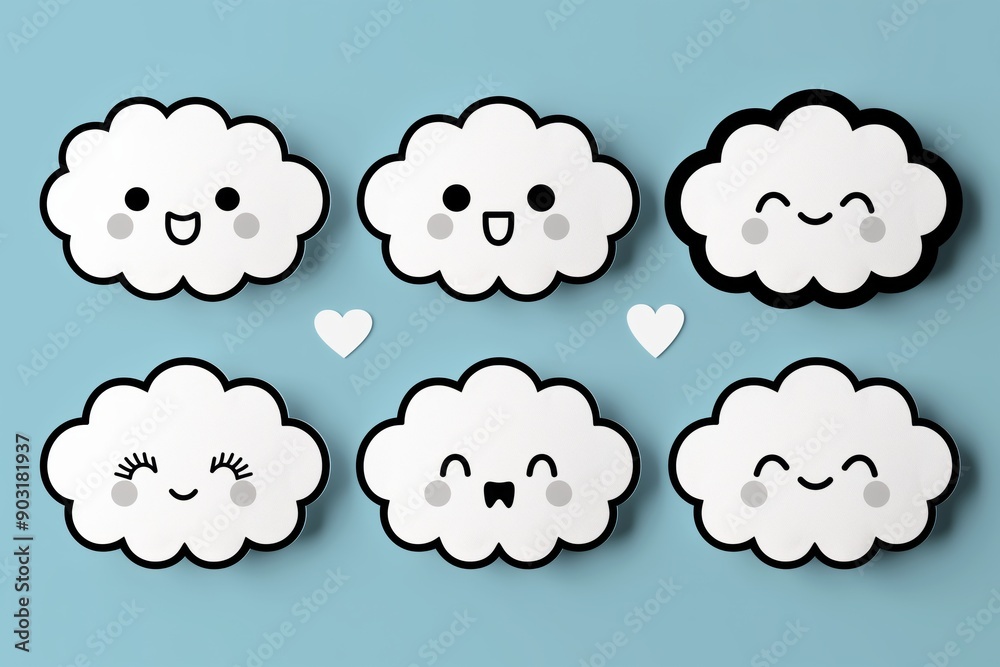 Fototapeta premium Cute Smiling Cloud Characters On A Blue Background Suitable For Children’S Designs.