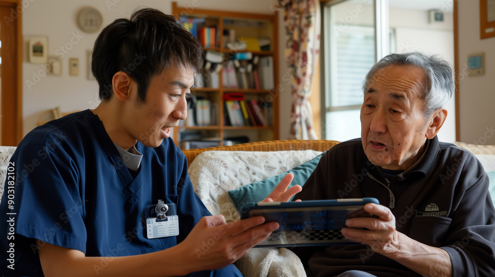 タブレットを使用してケアプランを説明する介護士 タブレットを使用してケアプランを説明する介護士
