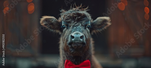 A fluffy cow with a red bow tie, standing in front of a barn with warm lighting. The cow’s curious expression and the rustic setting create a charming scene.