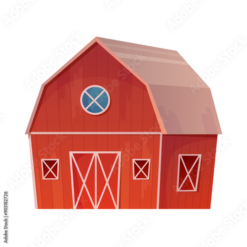 Red farm barn with closed gates, wooden building of silo warehouse vector illustration