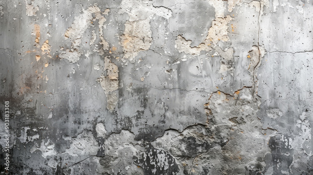 Fototapeta premium Gray grungy concrete wall texture with flaking paint and cracks in urban setting