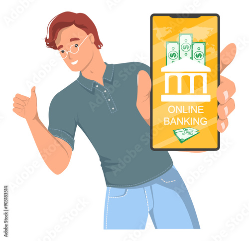 Bank account mobile app for payment and money transfer. Happy man user holding smartphone in hand recommending digital virtual electronic wallet banking application vector illustration