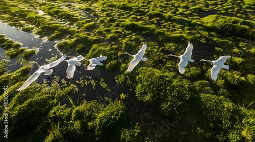 Fototapeta Naklejka Na Ścianę i Meble -  An aerial perspective of swans in flight over a lush green meadow, their shadows creating patterns on the ground below.