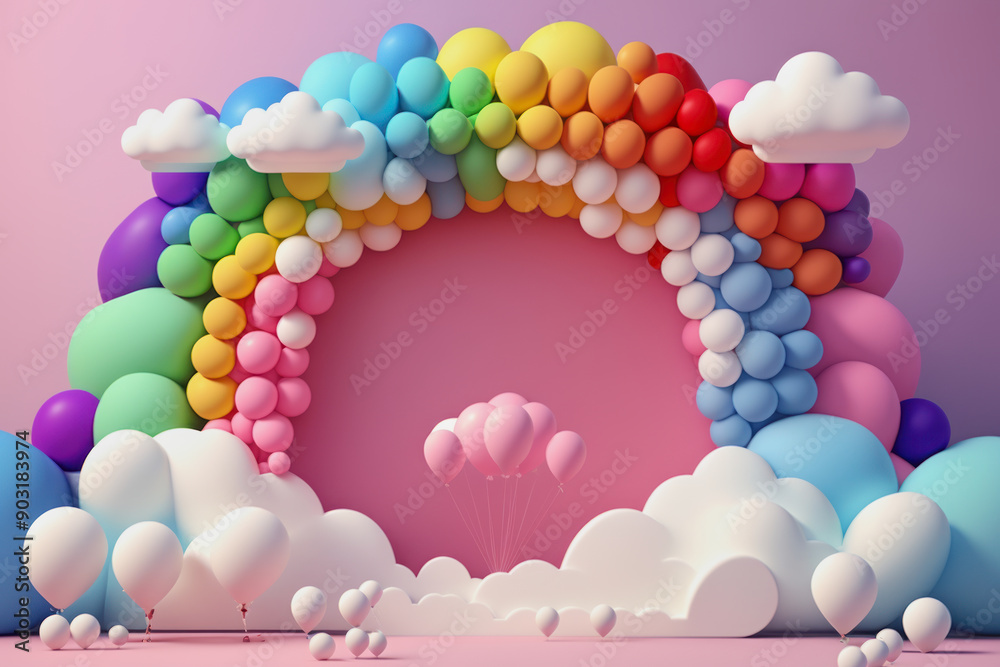 3d wall art of party balloons in a rainbow shape with white clouds against pink wall 3d wall art of party balloons in a rainbow shape with white clouds against pink wall