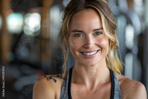 A fit muscular female personal trainer smiling at the camera in a gym, close up