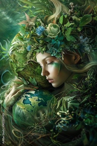 A serene depiction of Mother Nature holding the Earth, surrounded by lush greenery and vibrant flora.