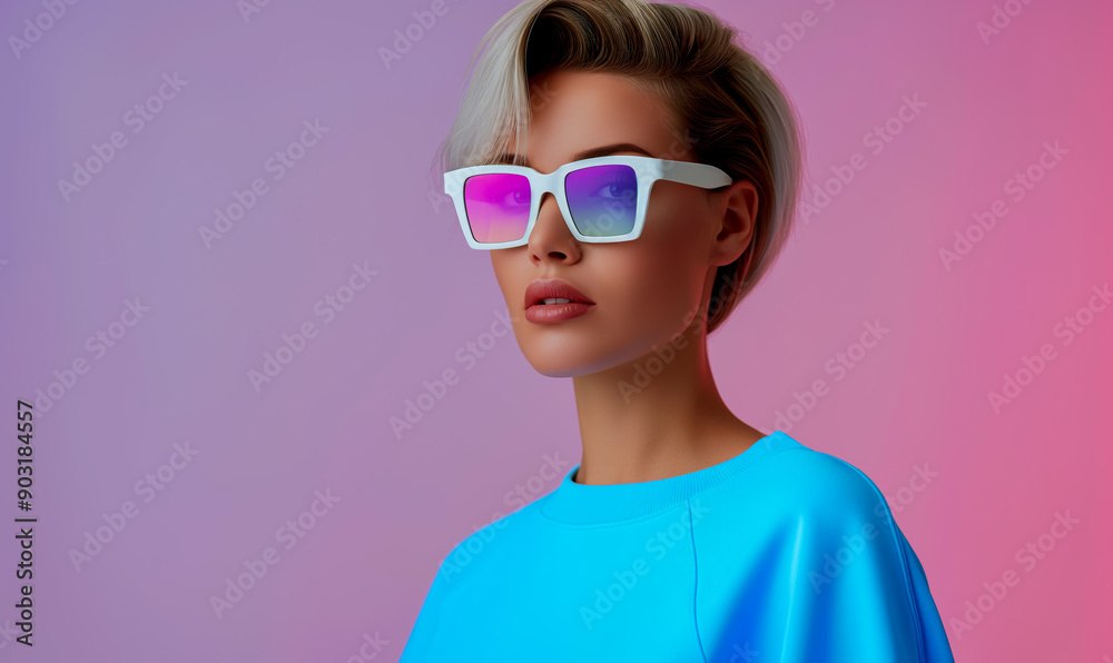 portrait of young woman in sunglasses and turquoise sweater on neon background, futuristic style