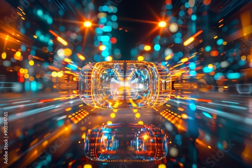 Futuristic Tunnel with Orange and Blue Neon Lights Representing Technological Advancement and Cyber Aesthetic