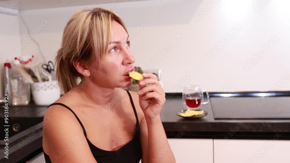 Caucasian Woman Enjoying a Snack in Her Modern Kitchen During Afternoon Relaxation Caucasian Woman Enjoying a Snack in Her Modern Kitchen During Afternoon Relaxation