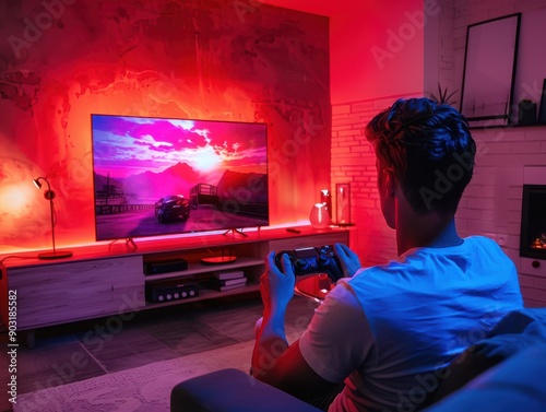 A man playing video games on the TV with an interactive game pad in his hands, sitting comfortably and enjoying video games. The living room is decorated with ambient led red lights
