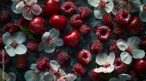 cherry blosom petals and raspberry photo