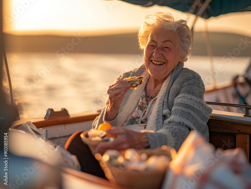 A happy elderly lady sitting on a boat at a peir, eating fresh oysters