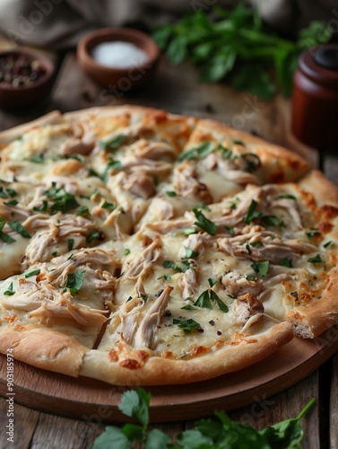 Delicious shredded chicken pizza with herbs and cheese on a rustic wooden table. Perfect for food photography and culinary concepts.