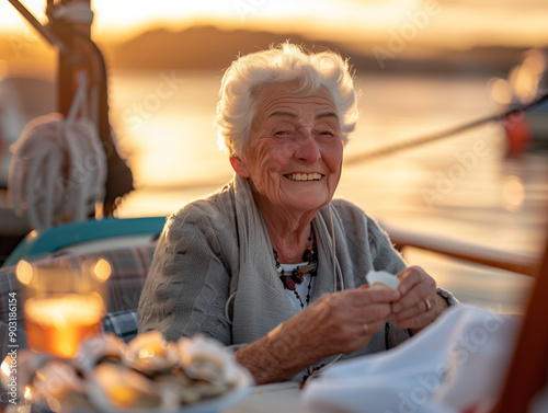 A happy elderly lady sitting on a boat at a peir, eating fresh oysters