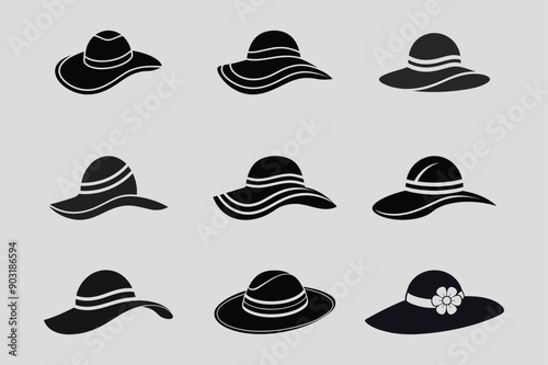 Set of Woman Hats - Doodle Icons in Black and White