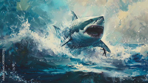 Dynamic Shark Illustration in Blue Tones