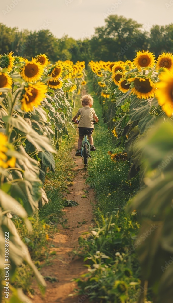 Fototapeta premium Child Riding Bike Through Sunflower Field on a Bright Day - Perfect for Summer Designs and Prints