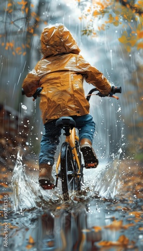 Child Biking in the Rain with Raincoat and Boots, Enjoying Autumn Weather.