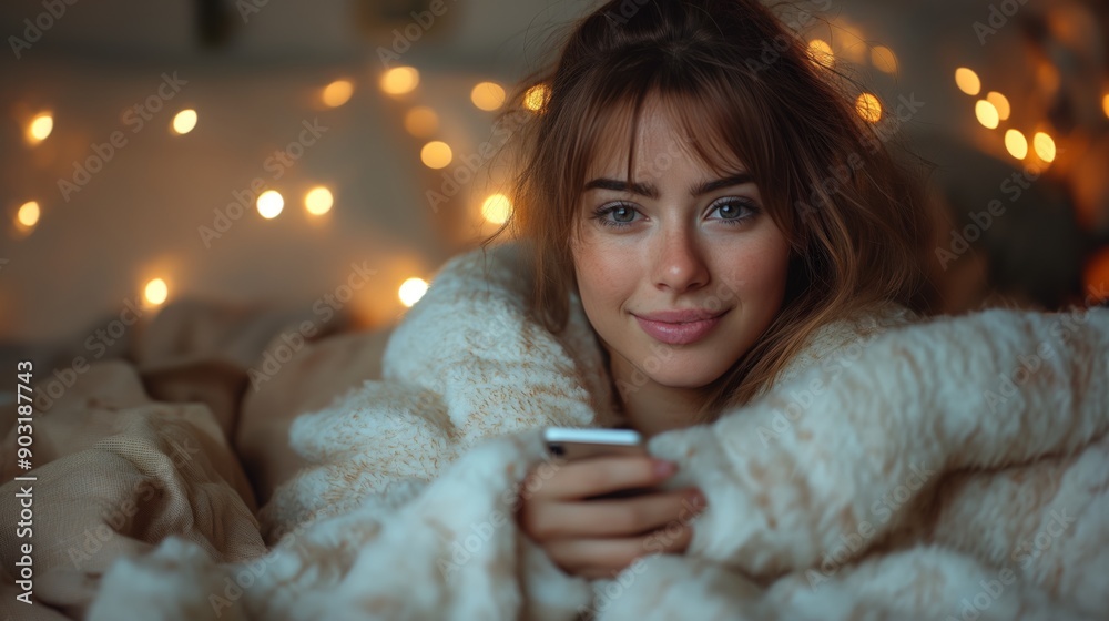 Cozy Woman Wrapped in Blanket Using Smartphone - Perfect for Cozy Winter Nights and Relaxation Themes Cozy Woman Wrapped in Blanket Using Smartphone - Perfect for Cozy Winter Nights and Relaxation Themes