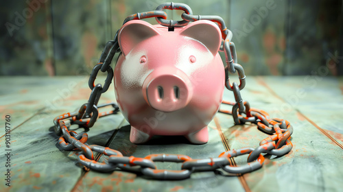 Heavy chain around a piggy bank, depicting financial debt constraint