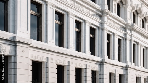 Close-up of the facade of a building with white columns. © Voilla