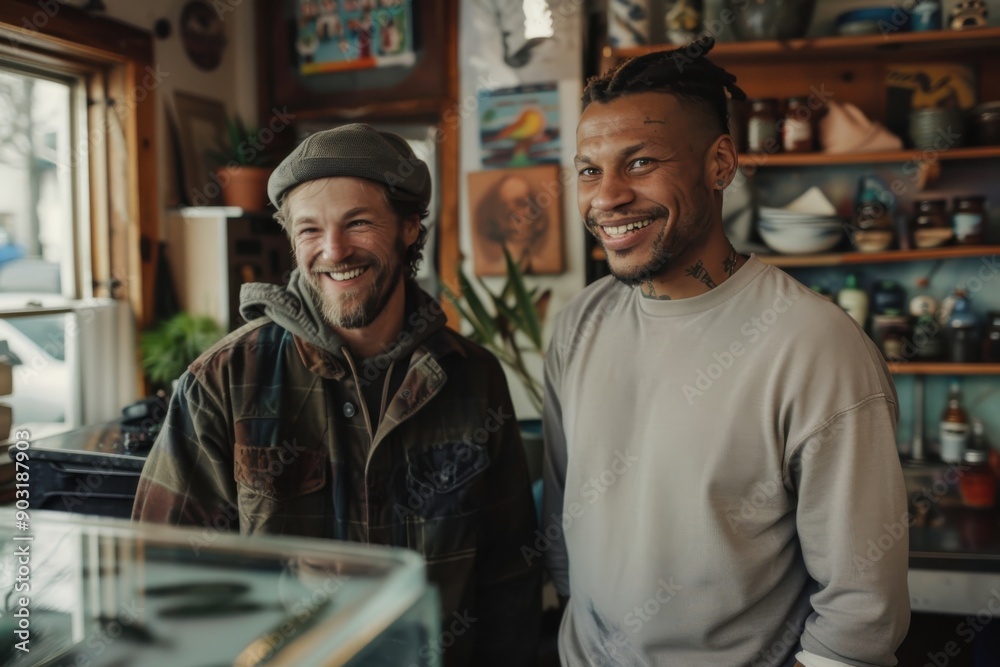 Two cheerful men, one in a beanie and the other with tattoos, pose together in a cozy café with shelves of items in the background, showcasing their friendship and happiness. Two cheerful men, one in a beanie and the other with tattoos, pose together in a cozy café with shelves of items in the background, showcasing their friendship and happiness.