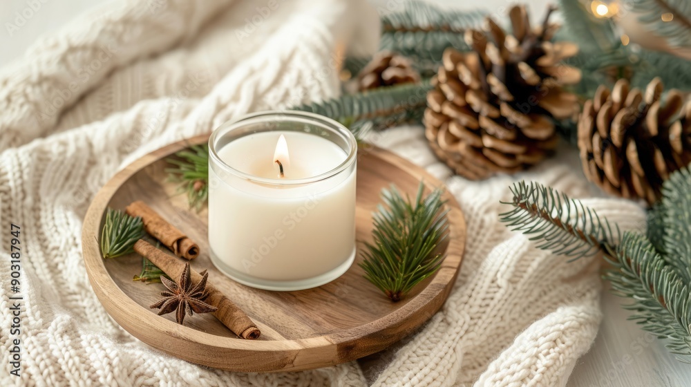 Christmas scented candle on the wooden round plate and christmas trees, Boho Decor Christmas scented candle on the wooden round plate and christmas trees, Boho Decor
