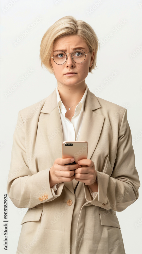 Femme en costume professionnel regarde son smartphone et est stupéfaite, inquiète ou ennuyée de ce qu'elle a vu, client insatisfait d'une application mobile Femme en costume professionnel regarde son smartphone et est stupéfaite, inquiète ou ennuyée de ce qu'elle a vu, client insatisfait d'une application mobile