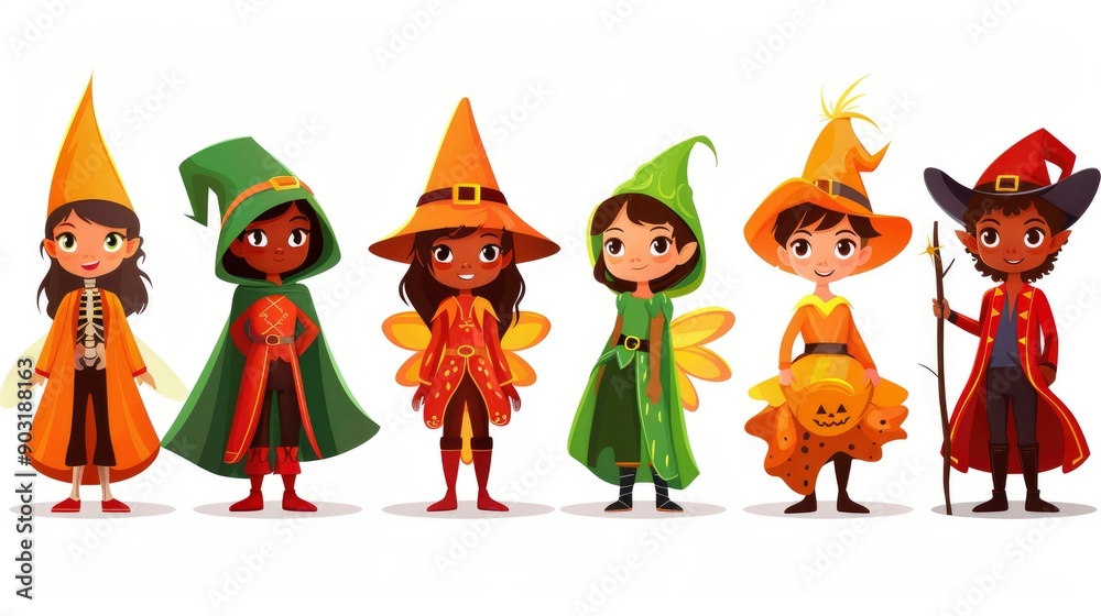 Fototapeta premium Diverse Group of Children Dressed in Halloween Costumes